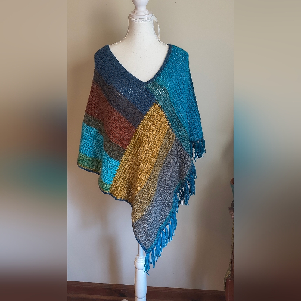 Handmade Crochet Poncho One Size Fits Most Fringed Fall Colors Boho